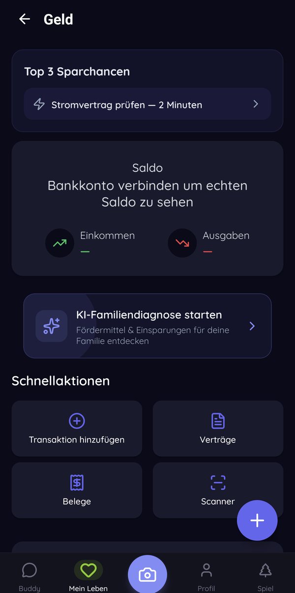 Screenshot of the Buddi app: money section with saving opportunities, family check and contracts
