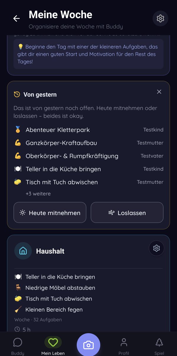 Screenshot of the Buddi app: weekly plan with tasks for each family member and a household plan