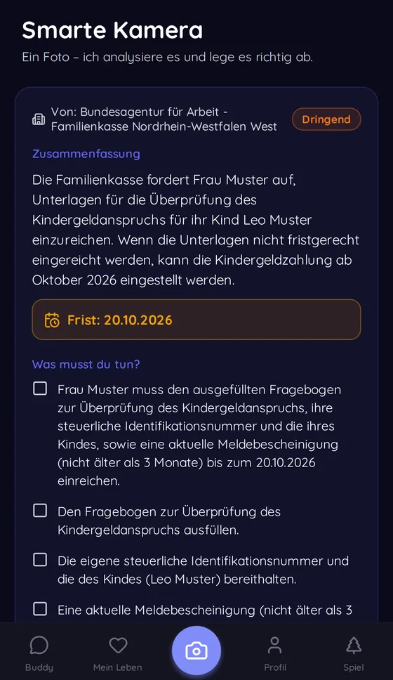 Buddi app (German UI): a Familienkasse letter summarised, marked urgent, with the deadline 20.10.2026 and a to-do list