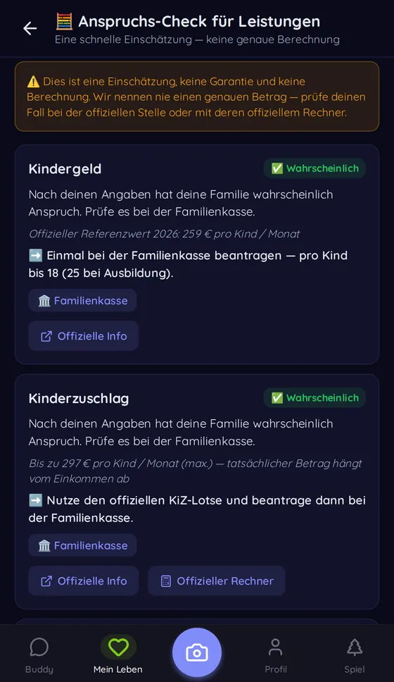 Buddi app (German UI): benefits check with Kindergeld and Kinderzuschlag both marked likely, with links to the Familienkasse